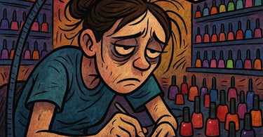 Exhausted nail technician resting head on manicure table surrounded by polish bottles and tools
