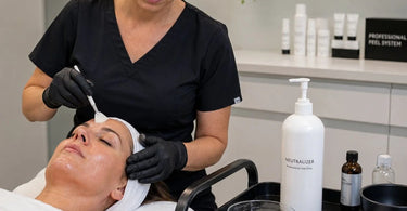 Professional peel neutralizer being applied to client's face during a chemical peel treatment at a spa or salon.