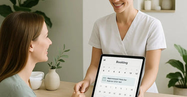 Spa reception area with computer showing online booking system and happy client checking in