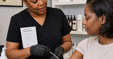 A professional spa therapist performs a patch test consultation on a client's arm, building trust through safety and care.