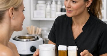 Business owner smiling while calculating payroll on a clipboard, surrounded by happy spa staff and Pure Spa Direct wholesale supplies.