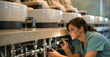 A modern, luxurious pedicure chair in a bright, clean salon, highlighting the need for a regular plumbing maintenance schedule to ensure hygiene and longevity.