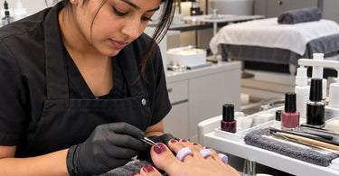 Professional pedicure towels beside nail polish supplies illustrating how loose towel lint can contaminate freshly painted toenails during salon services