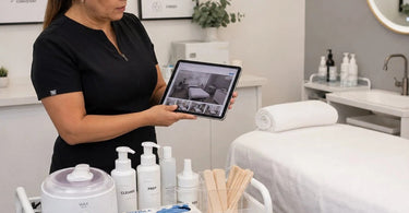 A detailed visual guide showing a perfectly organized spa treatment station with labeled products and tools to ensure staff setup consistency.