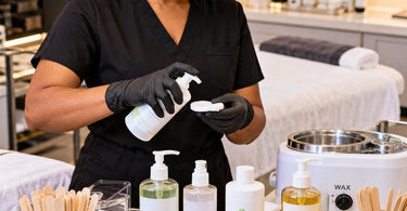 Professional pre-wax and post-wax skincare products and waxing supplies arranged for salon service cost calculations