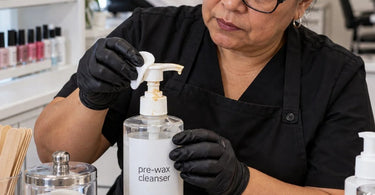 Professional pre-wax cleanser pump bottle at a salon waxing station illustrating pump residue buildup, proper dispenser cleaning, and cross-contamination prevention for estheticians