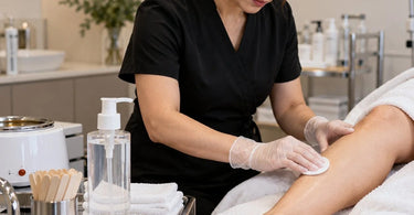 Professional esthetician performing a pre-wax cleansing treatment on a client's skin in a clean spa setting