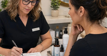 A professional aesthetician writing down product recommendations for a client in a spa treatment room