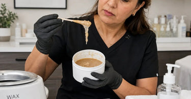 A professional holding a product with a changed, lumpy texture, symbolizing the importance of checking product consistency in a spa or salon.