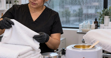 Professional spa towels, waxing supplies, and powder products affected by rainy day humidity