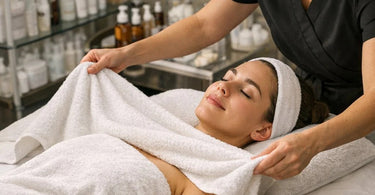 Spa owner confidently raising price sign with happy premium client receiving luxury facial treatment using professional equipment