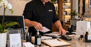 Professional spa and salon reception counter with everyday front desk clutter, illustrating why reception areas accumulate supplies, paperwork, and retail products.