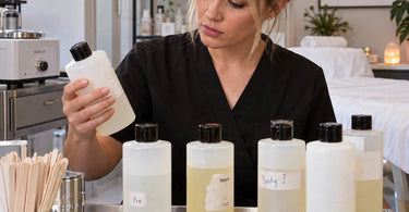 Spa professional examining a refill bottle among several poorly labeled treatment product containers at an organized waxing and skincare workstation