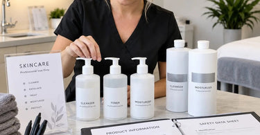 Row of labeled refill bottles on a spa backbar shelf next to professional skincare products and a label maker