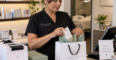 A stunning display of retail bags and colorful tissue paper neatly arranged at a spa checkout counter, showcasing a perfect setup for a luxury client experience.