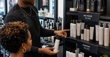 A stylish and organized retail display showcasing the 'Good-Better-Best' price point strategy with a variety of professional spa and salon products.