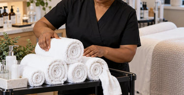 Neatly rolled professional spa towels arranged in a treatment room, illustrating how to keep salon and facial towels tightly rolled and organized before clients arrive
