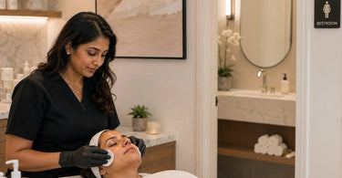 Luxurious and clean salon restroom featuring a stylish vanity with a marble countertop, fresh flowers, and premium hand soap, embodying a high-end spa brand experience.