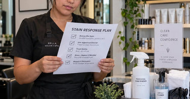Salon and spa staff cleaning a treatment table and preparing a professional stain response plan with towels and disinfectant supplies