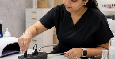 An illustration of a salon extension cord with a 'No' symbol and a checklist, emphasizing the need for a clear safety policy.