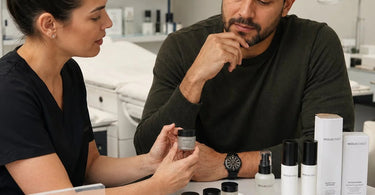 A professional spa therapist handing a client a glowing facial sample jar, symbolizing the transition from facial client to retail buyer, embodying the essence of Pure Spa Direct's wholesale beauty and wellness products.