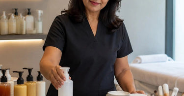 A woman smiling and enjoying a relaxing fragrance-free massage treatment in a peaceful spa environment.