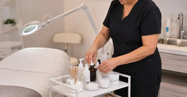 Image of a professionally organized service cart showcasing a standardized layout with neatly arranged tools and products, emphasizing salon efficiency and consistency.