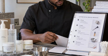 Professional esthetician reviewing spa service protocol with tools and products organized on a tray in a treatment room