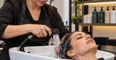 Professional salon shampoo bowl illustrating how client neck positioning and basin alignment can affect water splashing during hair washing services