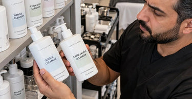 Similar-looking professional salon and spa product bottles arranged on a treatment workstation, illustrating the importance of clear product labeling, organized storage, and safe product selection