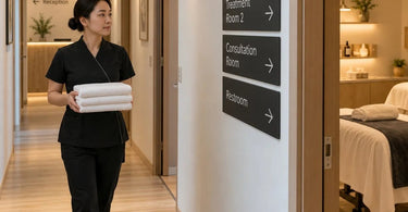 Professional spa hallway with tasteful directional signage guiding clients toward treatment rooms and wellness facilities in a clean, welcoming interior