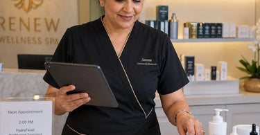 Spa staff reviewing service schedule on tablet to prepare room for next client