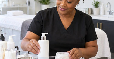 Professional spa and salon staff handling fresh product containers using clean back bar dispensing practices