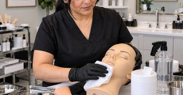 A beauty student or professional sanitizing a training mannequin and practice hand with spray and cloth, emphasizing proper disinfection and hygiene for salon and spa training tools.