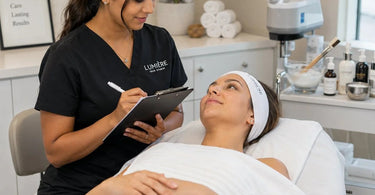 An esthetician reviewing client treatment notes on a digital tablet in a modern spa treatment room, highlighting the importance of personalized client care for repeat facial clients.