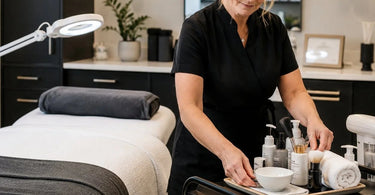 An aesthetically pleasing treatment room at Pure Spa Direct showcasing organized spa supplies and minimal clutter, perfect for professional photography.