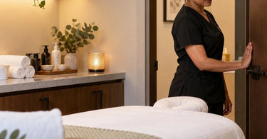 Quiet professional spa treatment room door with a peaceful massage room and clean linens
