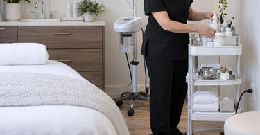 Treatment room furniture blocking electrical outlets in a professional spa or salon setting