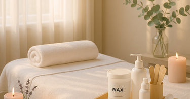 Busy esthetician performing waxing service on client in modern spa setting