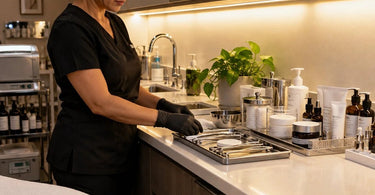 Under-cabinet task lighting illuminating a professional spa treatment room workstation