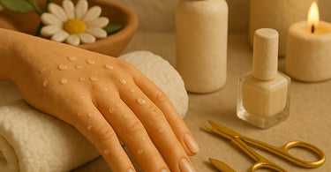 A spa professional performing a waterless manicure using cuticle oil and nail tools