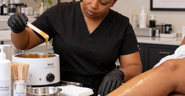 Professional esthetician applying body wax during a salon waxing treatment, illustrating why wax cools and sets at different speeds on certain body areas