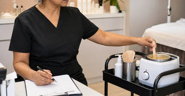 Ergonomic placement of a professional wax pot on a rolling cart to reduce wrist fatigue and prevent injury in a salon or spa setting.