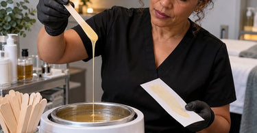 Professional waxing treatment demonstrating hard wax application thickness and consistency in a cool spa treatment room