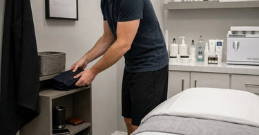 Client clothing and personal items neatly organized in a locker and on a shelf in a professional waxing studio, creating a clutter-free and relaxing environment.