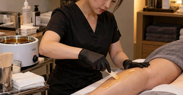 Professional esthetician performing large area waxing in a warm spa treatment room