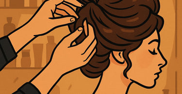 A hairstylist's hands creating an intricate updo on beautiful, textured hair in a professional salon setting