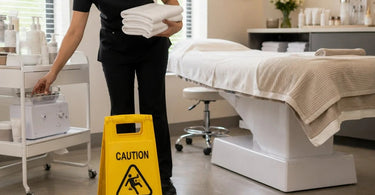 Yellow wet floor sign standing in a spa or salon, emphasizing safety and injury prevention for clients and staff in a professional beauty environment.