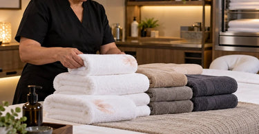 Stack of professional salon towels in various colors showing bleach safe options for spa and salon use