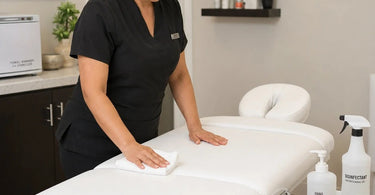 White spa upholstery maintenance guide featuring cleaning products and a pristine treatment room setting.